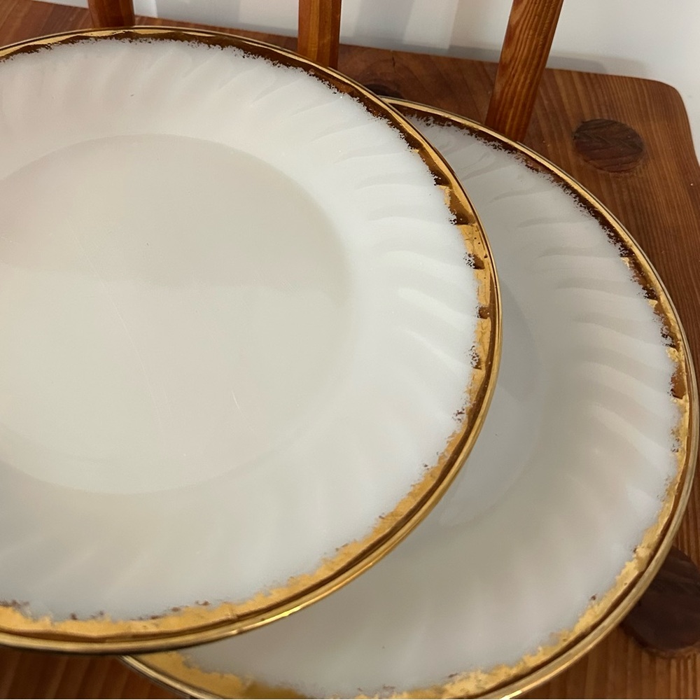Set of 2 Vintage Fire King Gold Trim Plates Golden Anniversary Ivory Swirl